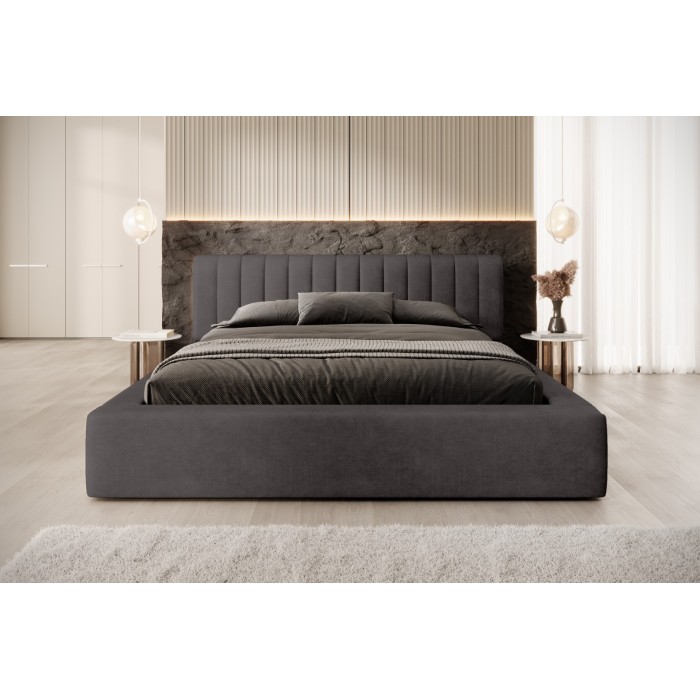 Lit coffre CERVIN – Tissu bouclé Nuage sablé – 180x200 cm – Sommier relevable – Design contemporain 