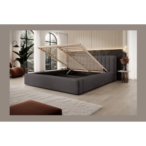 Lit coffre CERVIN – Tissu bouclé Nuage sablé – 180x200 cm – Sommier relevable – Design contemporain 