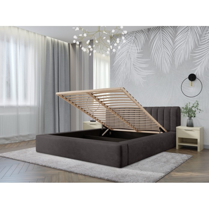 Lit coffre CERVIN – Tissu bouclé Nuage sablé – 180x200 cm – Sommier relevable – Design contemporain 
