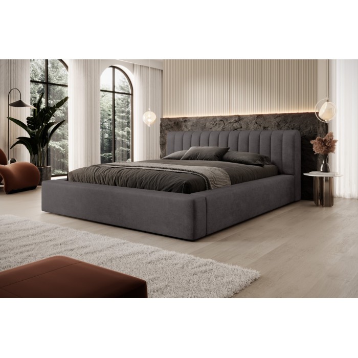 Lit coffre CERVIN – Velours doux Charbon minéral – 160x200 cm – Sommier relevable – Design contemporain 