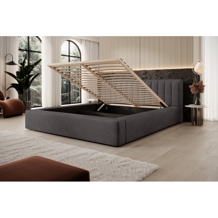 Lit coffre CERVIN – Velours doux Charbon minéral – 160x200 cm – Sommier relevable – Design contemporain 