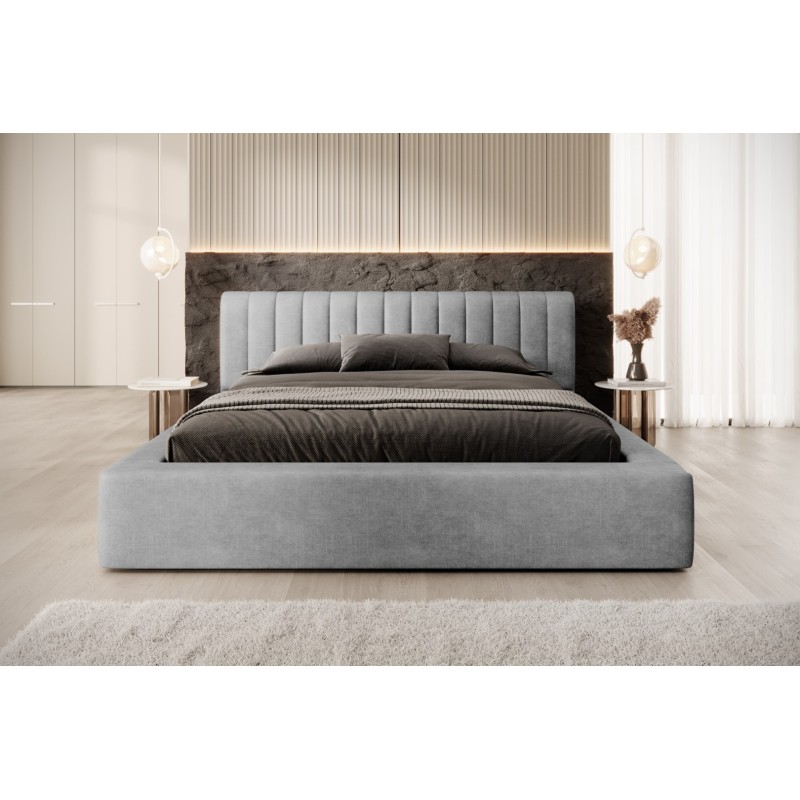 Lit coffre CERVIN – Velours doux Nacre de béton – 140x200 cm – Sommier relevable – Design contemporain