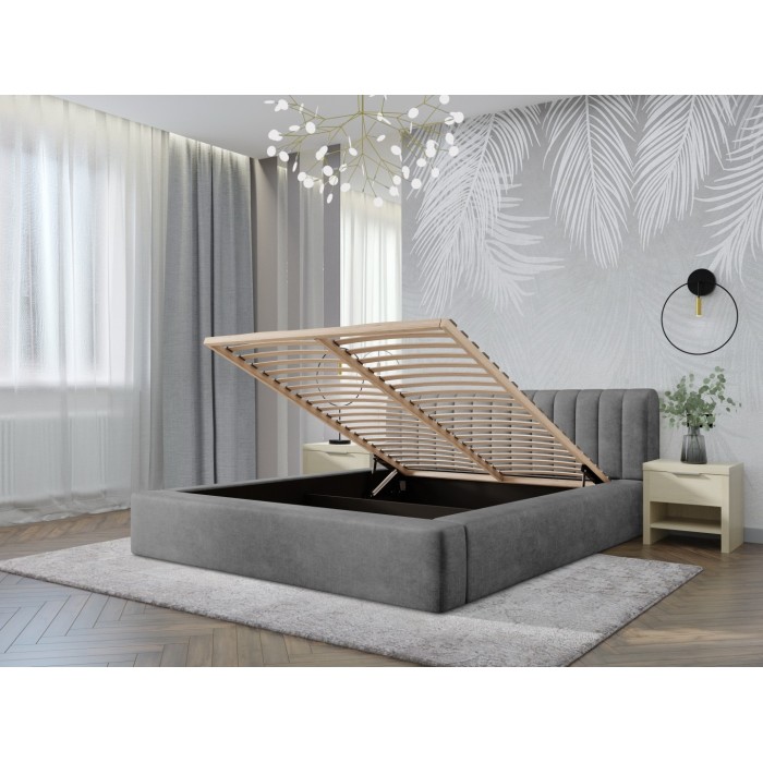 Lit coffre CERVIN – Velours doux Nacre de béton – 140x200 cm – Sommier relevable – Design contemporain 