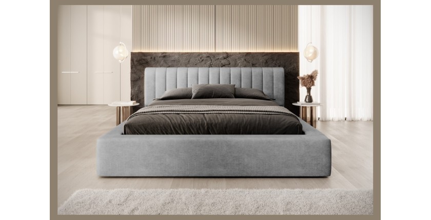 Lit coffre CERVIN – Velours doux Nacre de béton – 160x200 cm – Sommier relevable – Design contemporain
