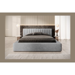 Lit coffre CERVIN – Velours doux Nacre de béton – 160x200 cm – Sommier relevable – Design contemporain