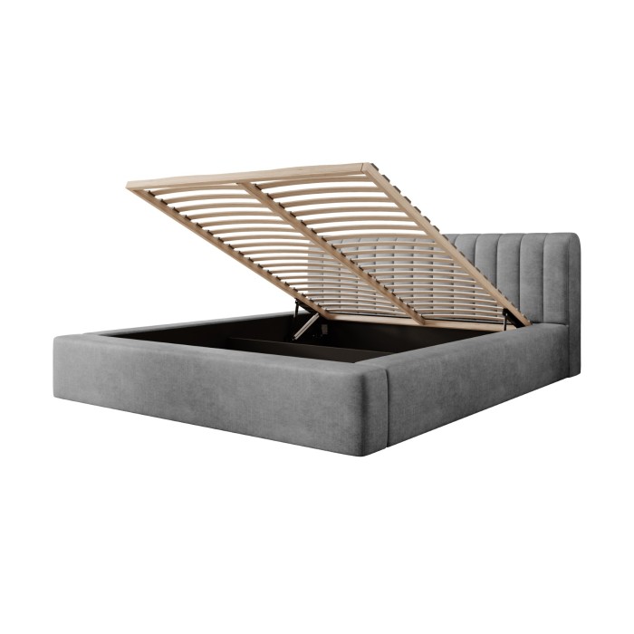 Lit coffre CERVIN – Velours doux Nacre de béton – 160x200 cm – Sommier relevable – Design contemporain 