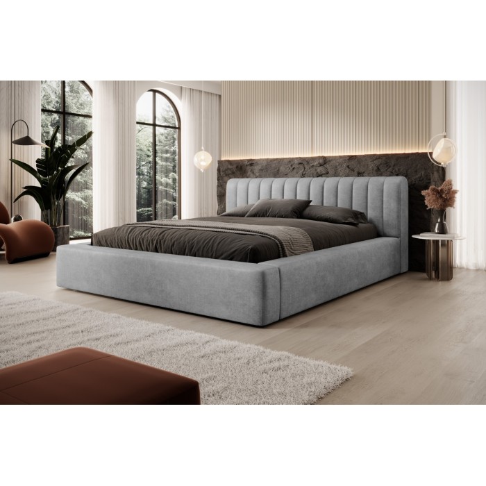 Lit coffre CERVIN – Velours doux Nacre de béton – 160x200 cm – Sommier relevable – Design contemporain 