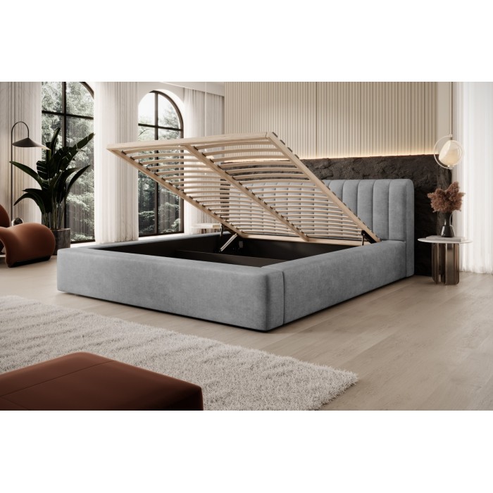 Lit coffre CERVIN – Velours doux Nacre de béton – 160x200 cm – Sommier relevable – Design contemporain 