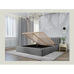 Lit coffre CERVIN – Velours doux Nacre de béton – 160x200 cm – Sommier relevable – Design contemporain 