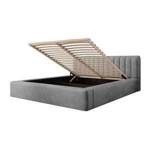 Lit coffre CERVIN – Velours doux Nacre de béton – 180x200 cm – Sommier relevable – Design contemporain 