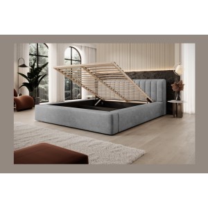 Lit coffre CERVIN – Velours doux Nacre de béton – 180x200 cm – Sommier relevable – Design contemporain 