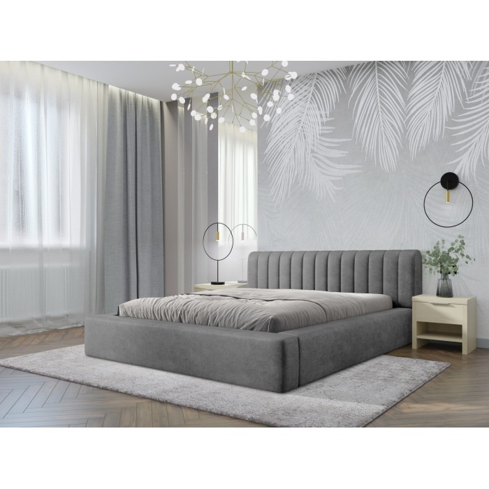 Lit coffre CERVIN – Velours doux Nacre de béton – 180x200 cm – Sommier relevable – Design contemporain 