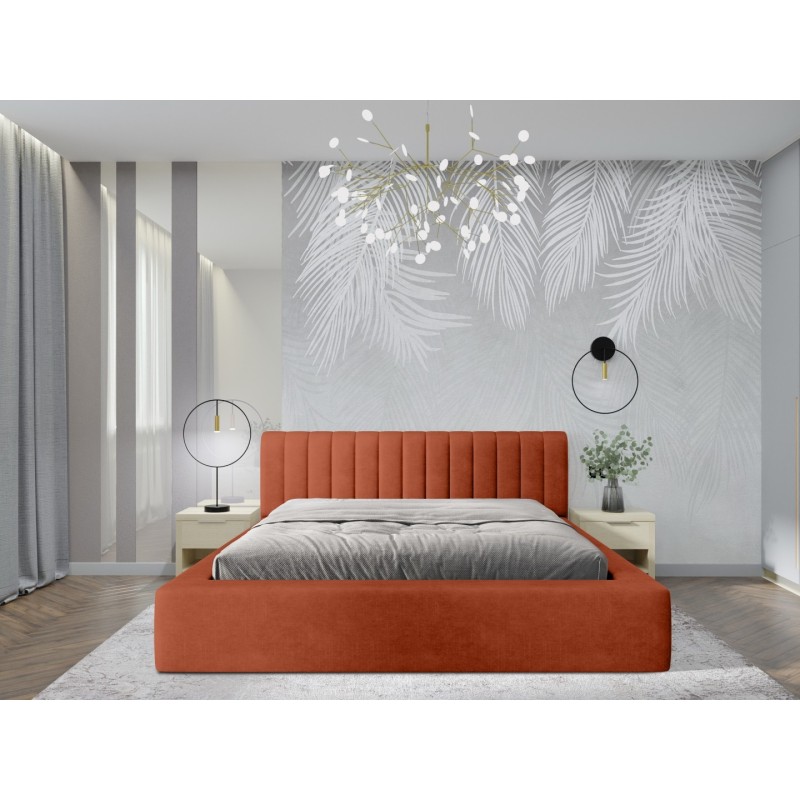 Lit coffre CERVIN – Velours doux Brique Toscane – 160x200 cm – Sommier relevable – Design élégant