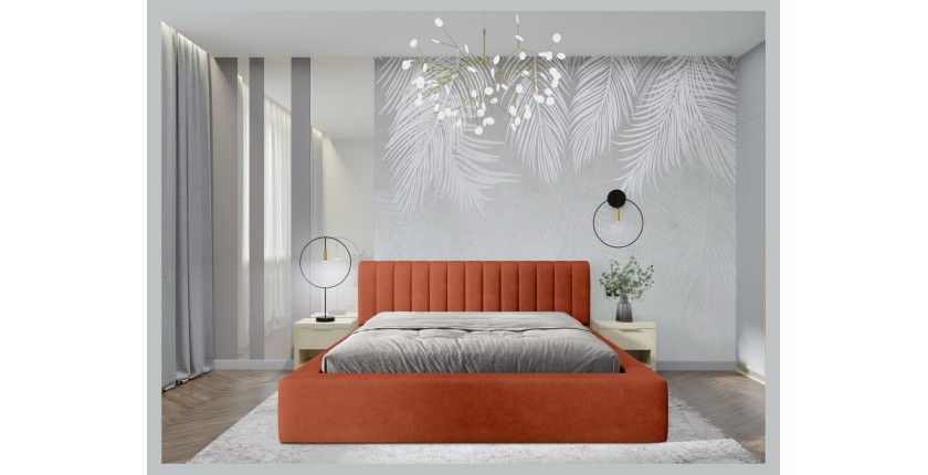 Lit coffre CERVIN – Velours doux Brique Toscane – 160x200 cm – Sommier relevable – Design élégant