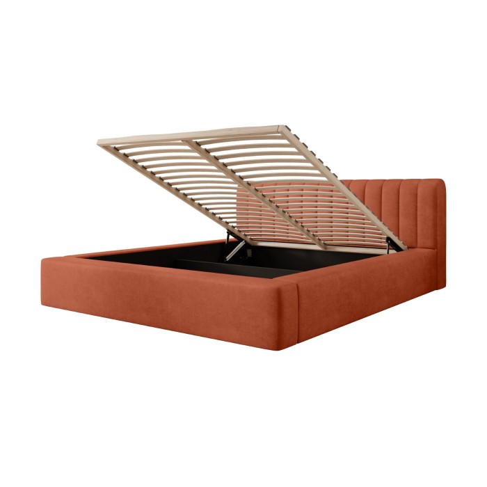 Lit coffre CERVIN – Velours doux Brique Toscane – 160x200 cm – Sommier relevable – Design élégant 