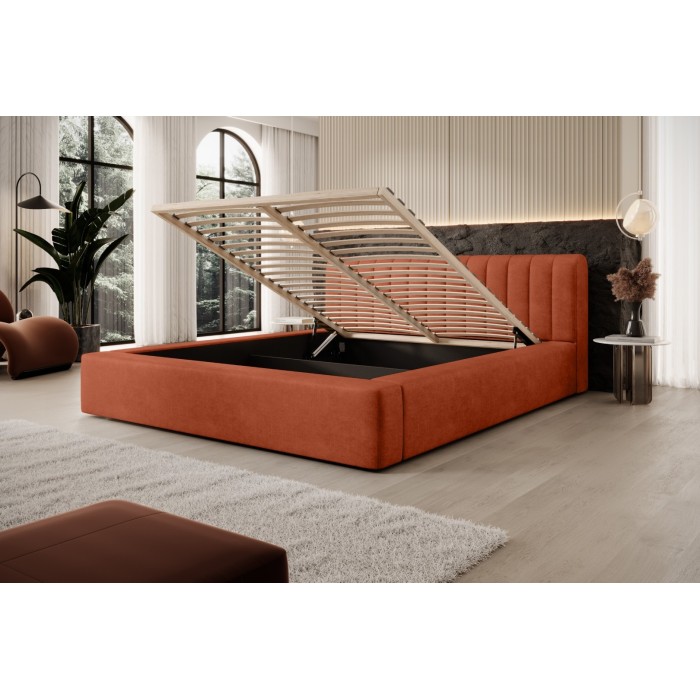 Lit coffre CERVIN – Velours doux Brique Toscane – 160x200 cm – Sommier relevable – Design élégant 