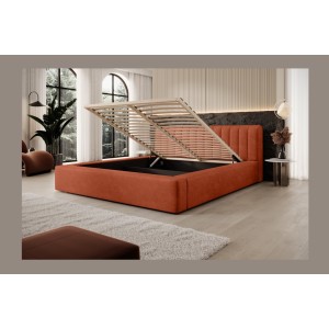 Lit coffre CERVIN – Velours doux Brique Toscane – 160x200 cm – Sommier relevable – Design élégant 