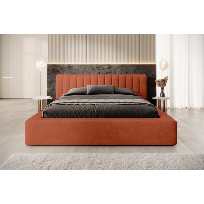 Lit coffre CERVIN – Velours doux Brique Toscane – 180x200 cm – Sommier relevable – Design élégant 