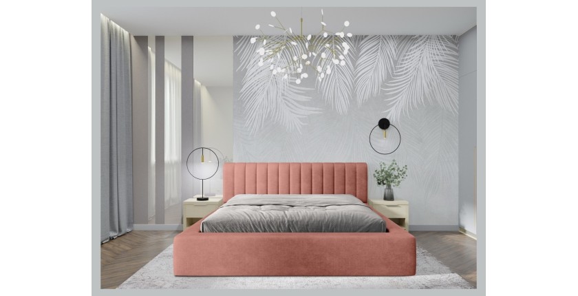 Lit coffre CERVIN – Velours doux Ocre rosé – 140x200 cm – Sommier relevable – Design élégant