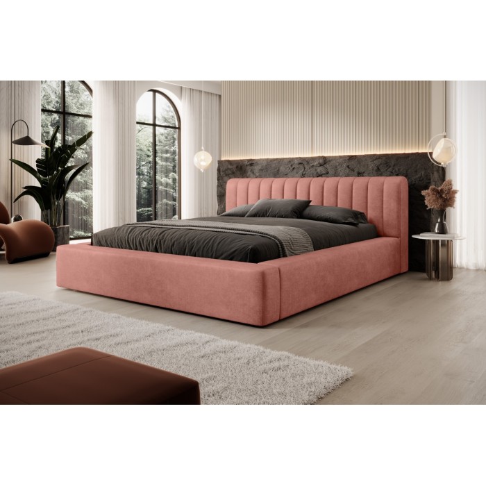 Lit coffre CERVIN – Velours doux Ocre rosé – 140x200 cm – Sommier relevable – Design élégant 