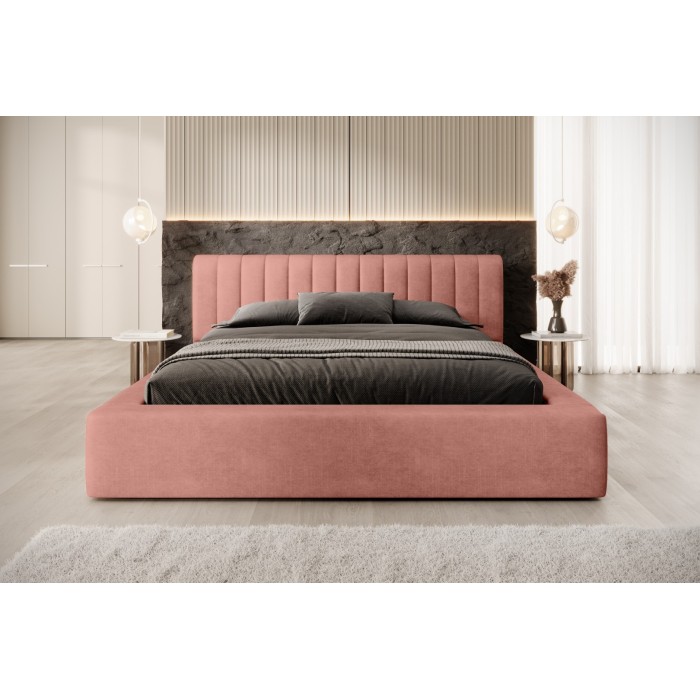 Lit coffre CERVIN – Velours doux Ocre rosé – 140x200 cm – Sommier relevable – Design élégant 