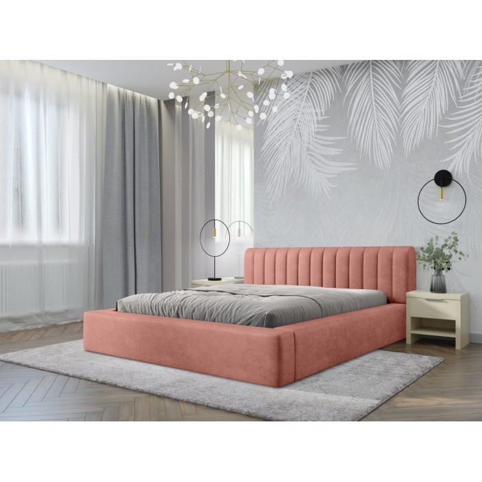 Lit coffre CERVIN – Velours doux Ocre rosé – 140x200 cm – Sommier relevable – Design élégant 