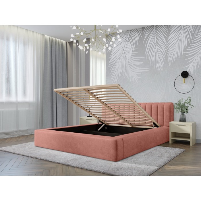 Lit coffre CERVIN – Velours doux Ocre rosé – 140x200 cm – Sommier relevable – Design élégant 