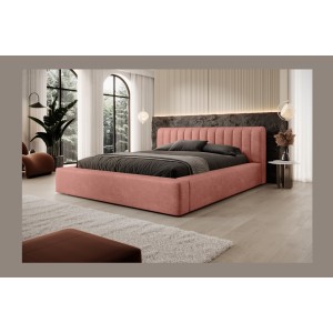 Lit coffre CERVIN – Velours doux Ocre rosé – 180x200 cm – Sommier relevable – Design élégant 