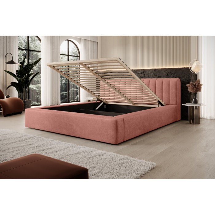 Lit coffre CERVIN – Velours doux Ocre rosé – 180x200 cm – Sommier relevable – Design élégant 