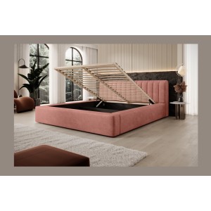 Lit coffre CERVIN – Velours doux Ocre rosé – 180x200 cm – Sommier relevable – Design élégant 