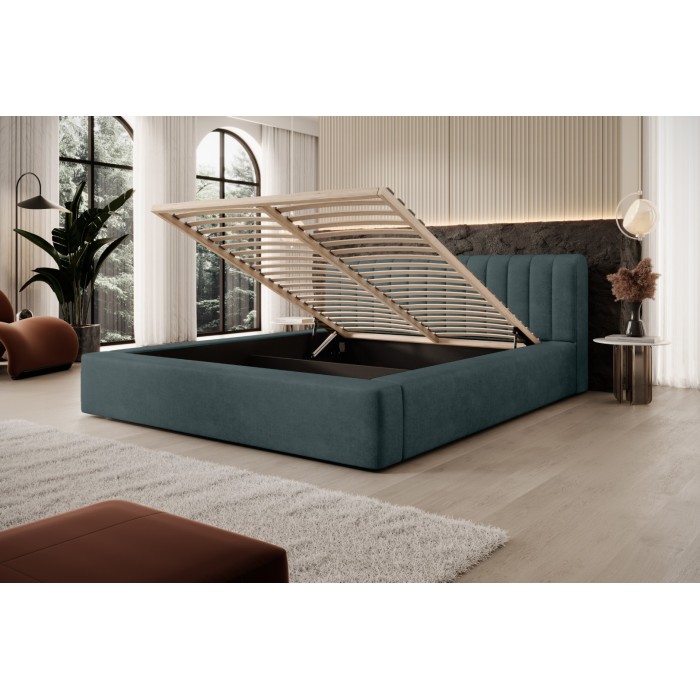 Lit coffre CERVIN – Velours doux Nuit émeraude – 160x200 cm – Sommier relevable – Design élégant 