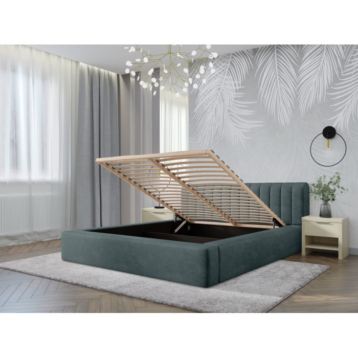 Lit coffre CERVIN – Velours doux Nuit émeraude – 160x200 cm – Sommier relevable – Design élégant 