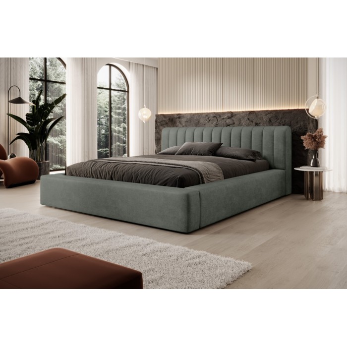 Lit coffre CERVIN – Velours doux Sauge Nocturne – 140x200 cm – Sommier relevable – Design élégant 
