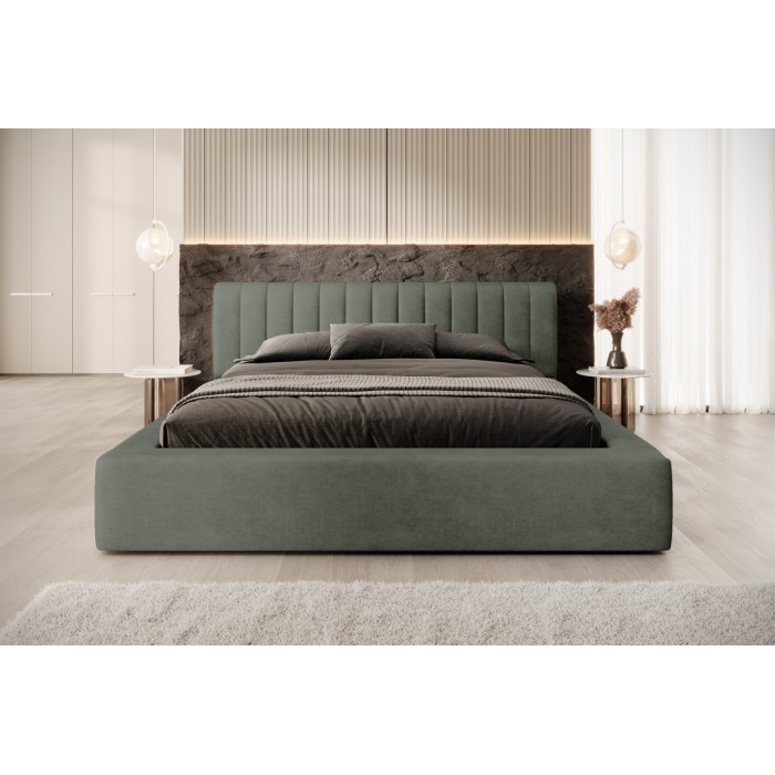 Lit coffre CERVIN – Velours doux Sauge Nocturne – 140x200 cm – Sommier relevable – Design élégant 