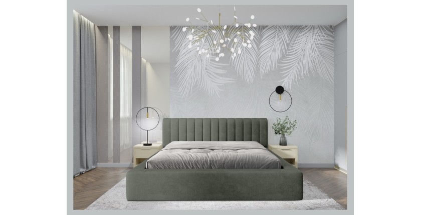 Lit coffre CERVIN – Velours doux Sauge Nocturne – 180x200 cm – Sommier relevable – Design élégant