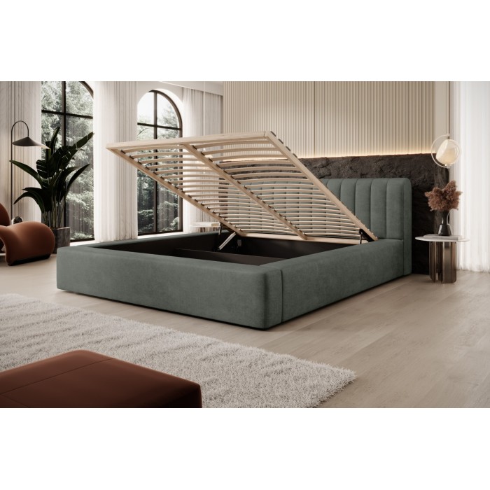Lit coffre CERVIN – Velours doux Sauge Nocturne – 180x200 cm – Sommier relevable – Design élégant 