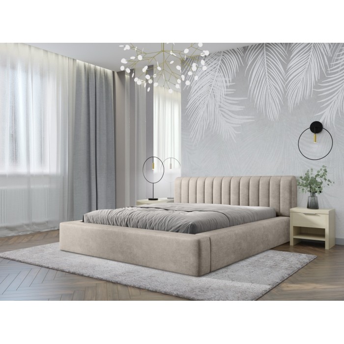 Lit coffre CERVIN – Velours doux Lin naturel – 140x200 cm – Sommier relevable – Design élégant 