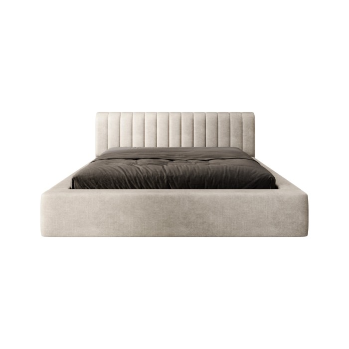 Lit coffre CERVIN – Velours doux Lin naturel – 160x200 cm – Sommier relevable – Design élégant 