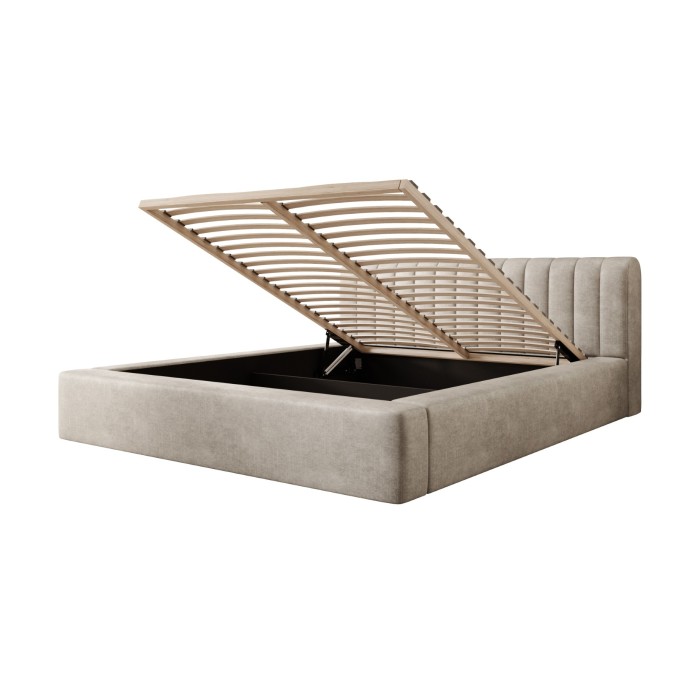 Lit coffre CERVIN – Velours doux Lin naturel – 160x200 cm – Sommier relevable – Design élégant 