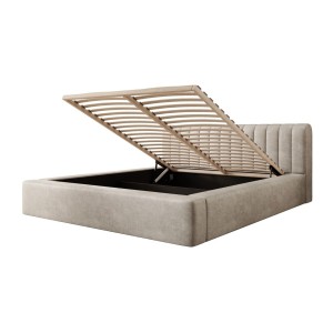 Lit coffre CERVIN – Velours doux Lin naturel – 160x200 cm – Sommier relevable – Design élégant 