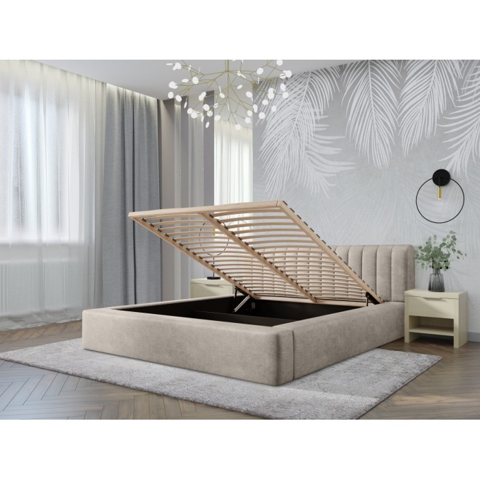 Lit coffre CERVIN – Velours doux Lin naturel – 160x200 cm – Sommier relevable – Design élégant 