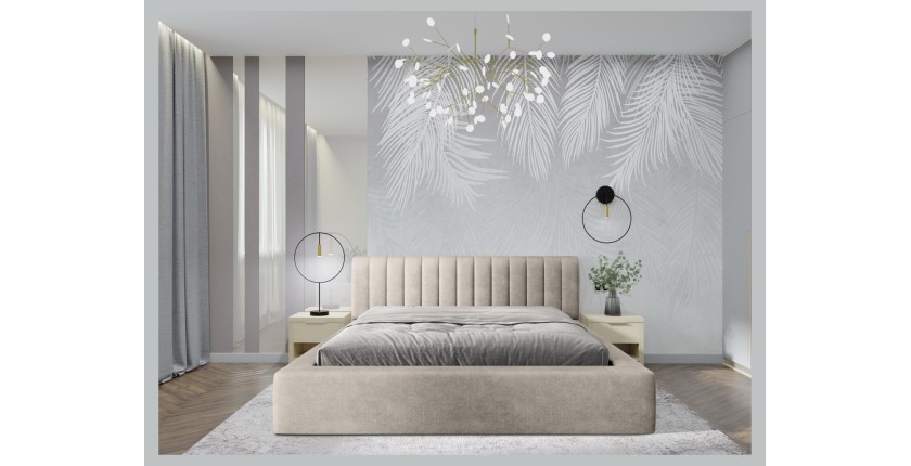 Lit coffre CERVIN – Velours doux Lin naturel – 180x200 cm – Sommier relevable – Design élégant