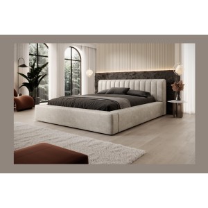 Lit coffre CERVIN – Velours doux Lin naturel – 180x200 cm – Sommier relevable – Design élégant 