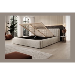 Lit coffre CERVIN – Velours doux Lin naturel – 180x200 cm – Sommier relevable – Design élégant 