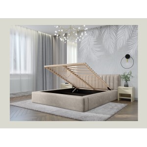 Lit coffre CERVIN – Velours doux Lin naturel – 180x200 cm – Sommier relevable – Design élégant 