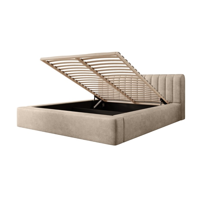 Lit coffre CERVIN – Velours doux Nude Sablé – 140x200 cm – Sommier relevable – Design élégant 