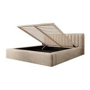 Lit coffre CERVIN – Velours doux Nude Sablé – 140x200 cm – Sommier relevable – Design élégant 