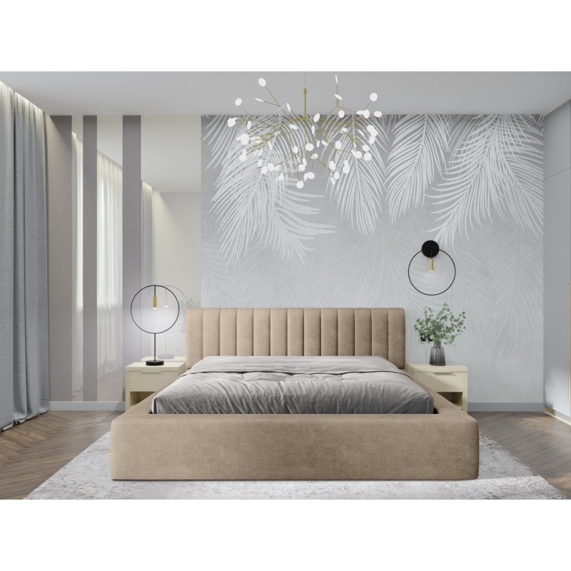 Lit coffre CERVIN – Velours doux Nude Sablé – 180x200 cm – Sommier relevable – Design élégant