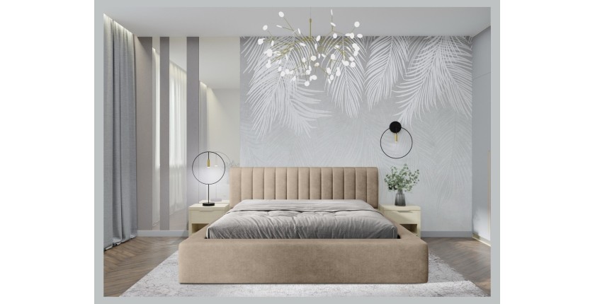 Lit coffre CERVIN – Velours doux Nude Sablé – 180x200 cm – Sommier relevable – Design élégant
