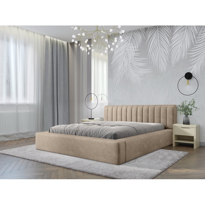 Lit coffre CERVIN – Velours doux Nude Sablé – 180x200 cm – Sommier relevable – Design élégant 